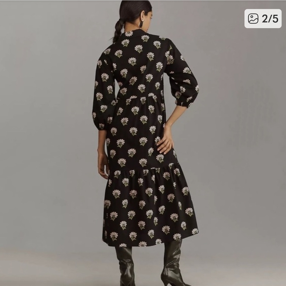 Anthropologie Maeve Black Midi Dress with Pink & Green Floral Print - Size XL - Picture 2 of 9